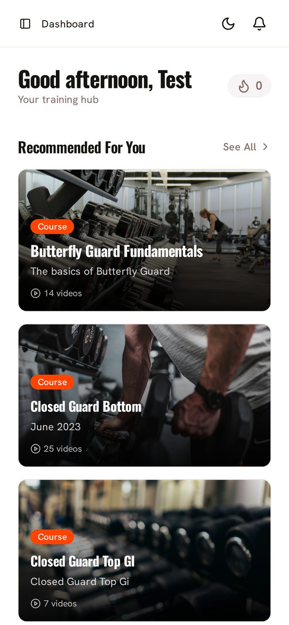 A member's home screen in a gym's branded GymTribe app, showing today's classes and the latest from the community