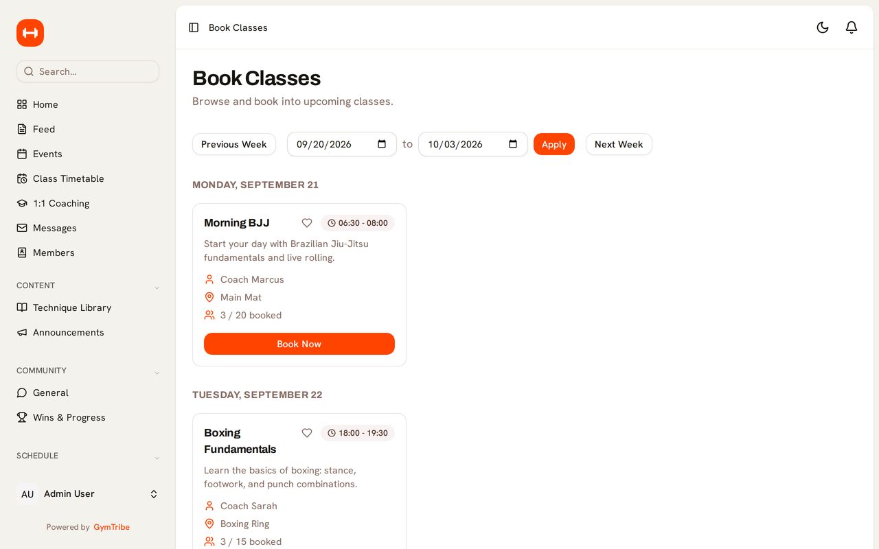 A weekly class timetable with booking buttons